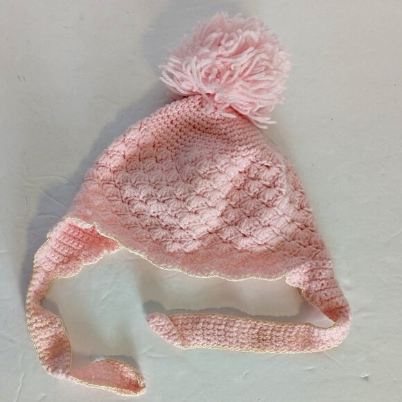 Vintage Baby Knit Crochet Pom Bonnet Hat Beanie Chin Strap Pink Handmade Boho - Picture 2 of 4